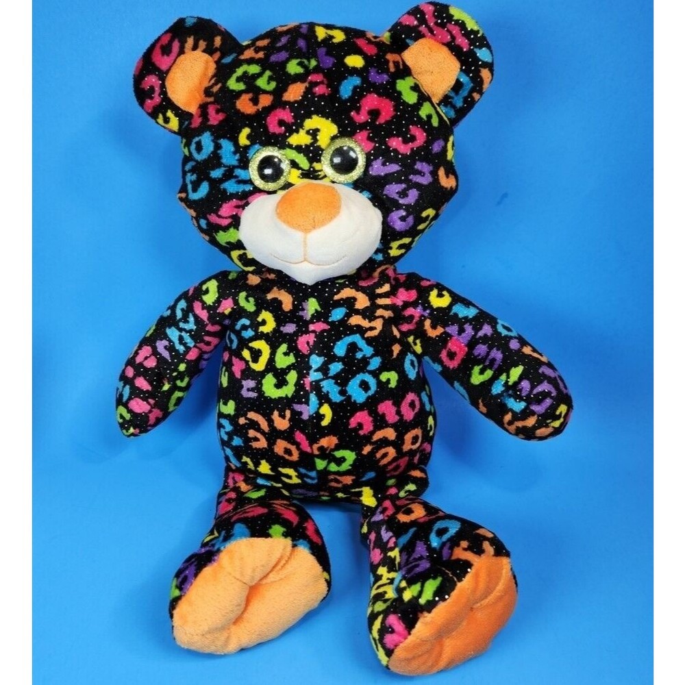 Animal Adventure Rainbow Leopard Print Bear Plush Glitter Black Neon Sparkle17"